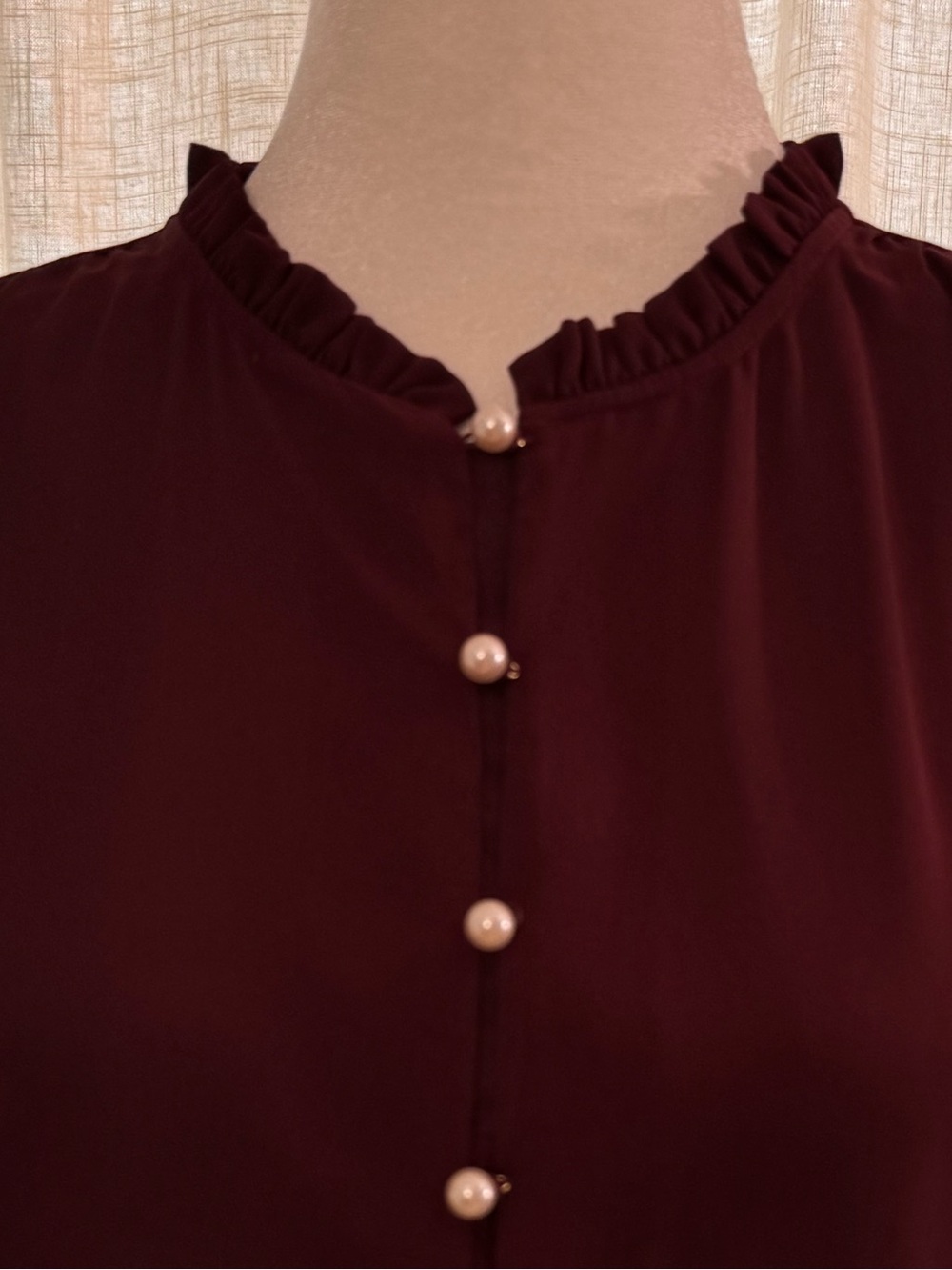 Ann Taylor Deep Burgundy Pearl-Button Ruffle Sleeve Blouse - Size Small - Picture 5 of 9